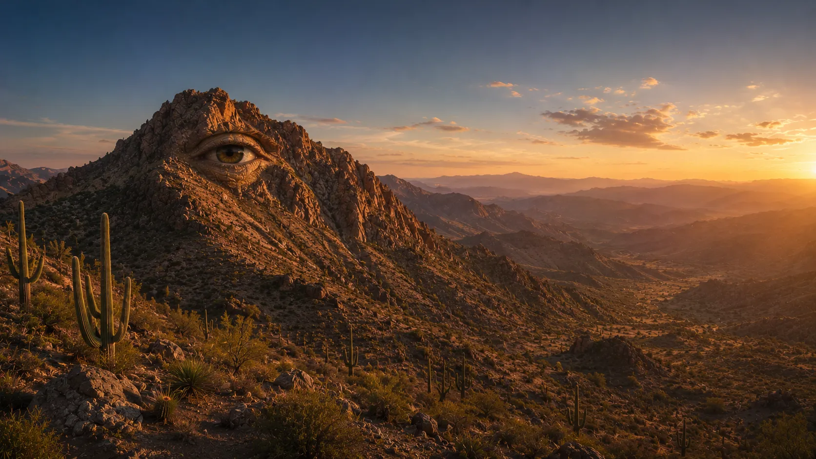 A desert mountain range at sunset that resolves into a watching human eye