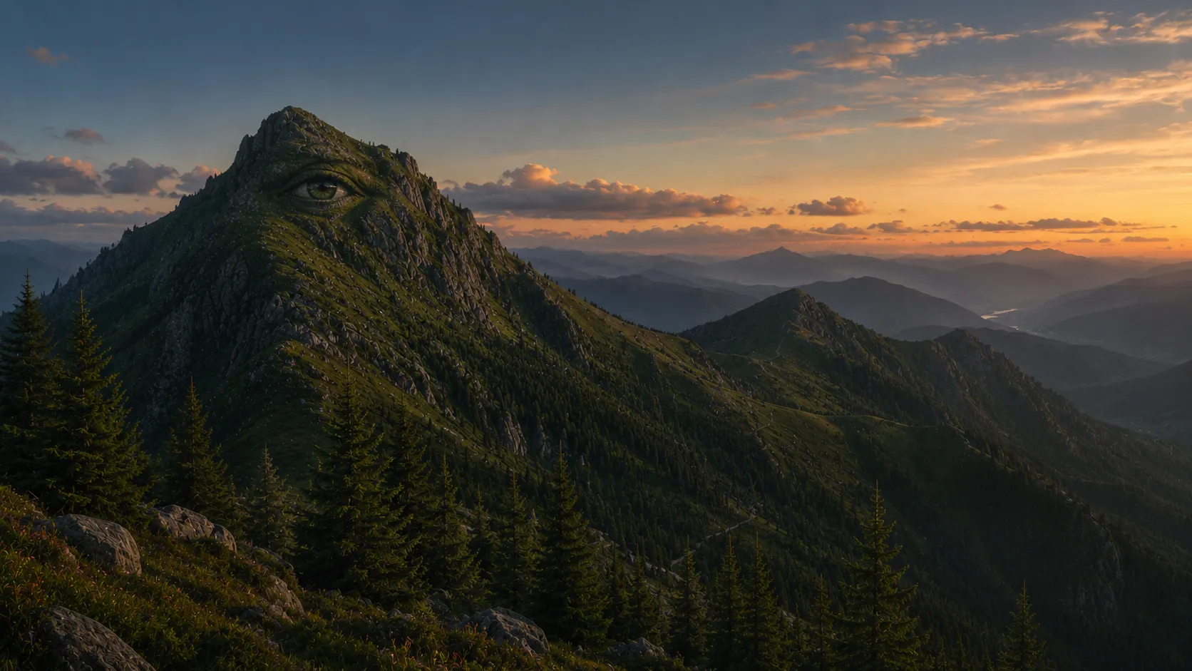 A forested mountain ridge at sunset that resolves into a watching human eye