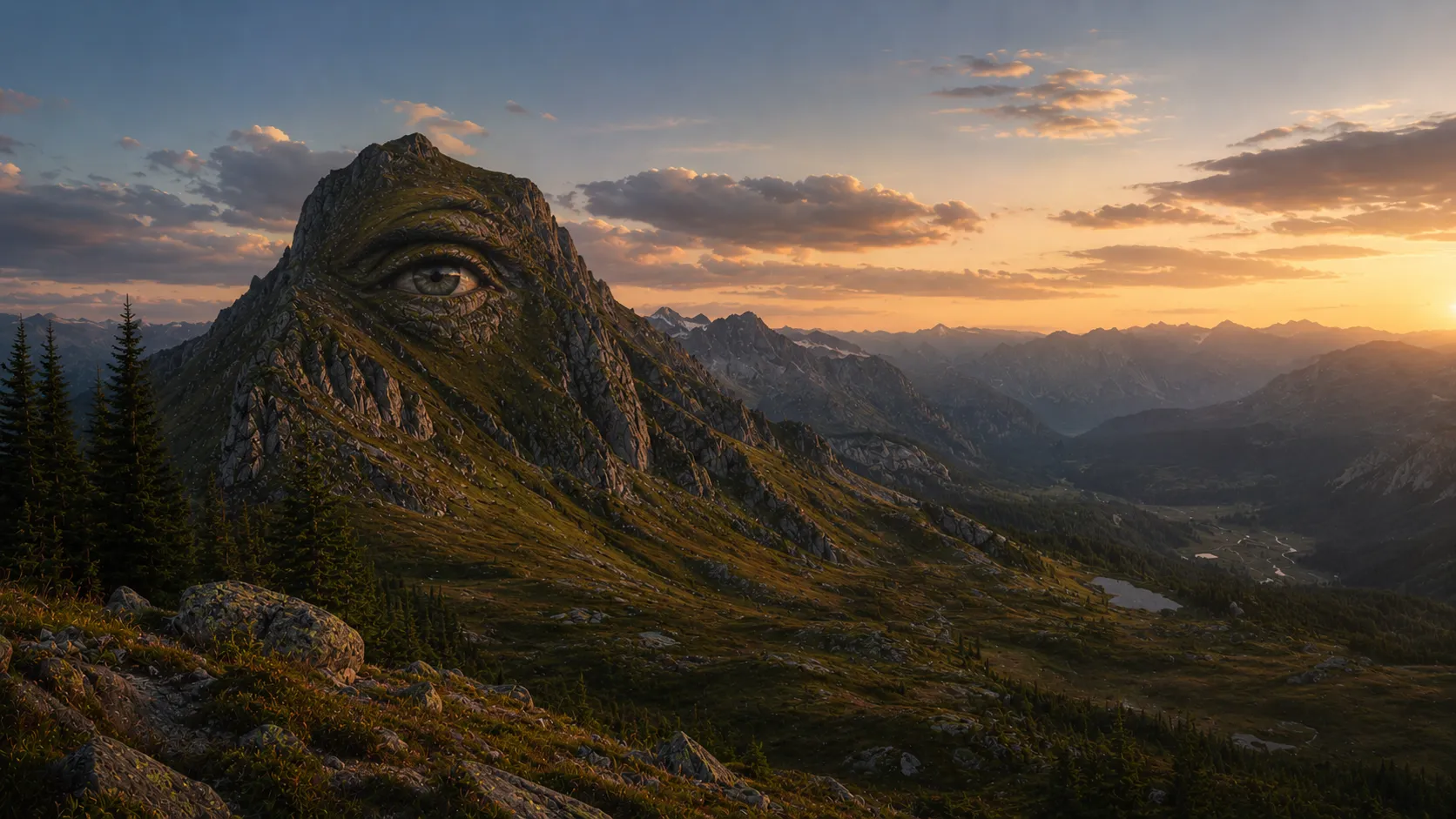 A green mountain valley at dusk that resolves into a watching human eye